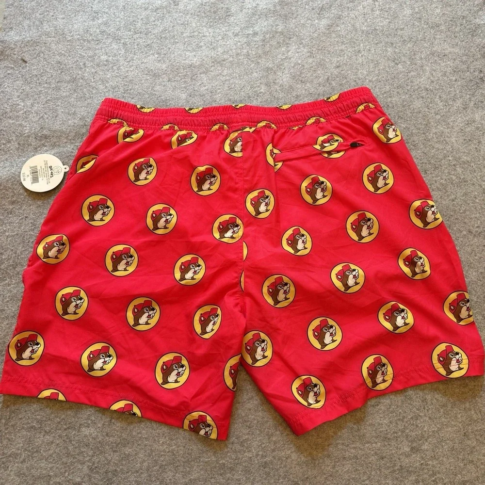 NWT Buc-ee's Men's Swim Trunks Shorts Red Yellow Beaver Logo Beach Lined Size XL